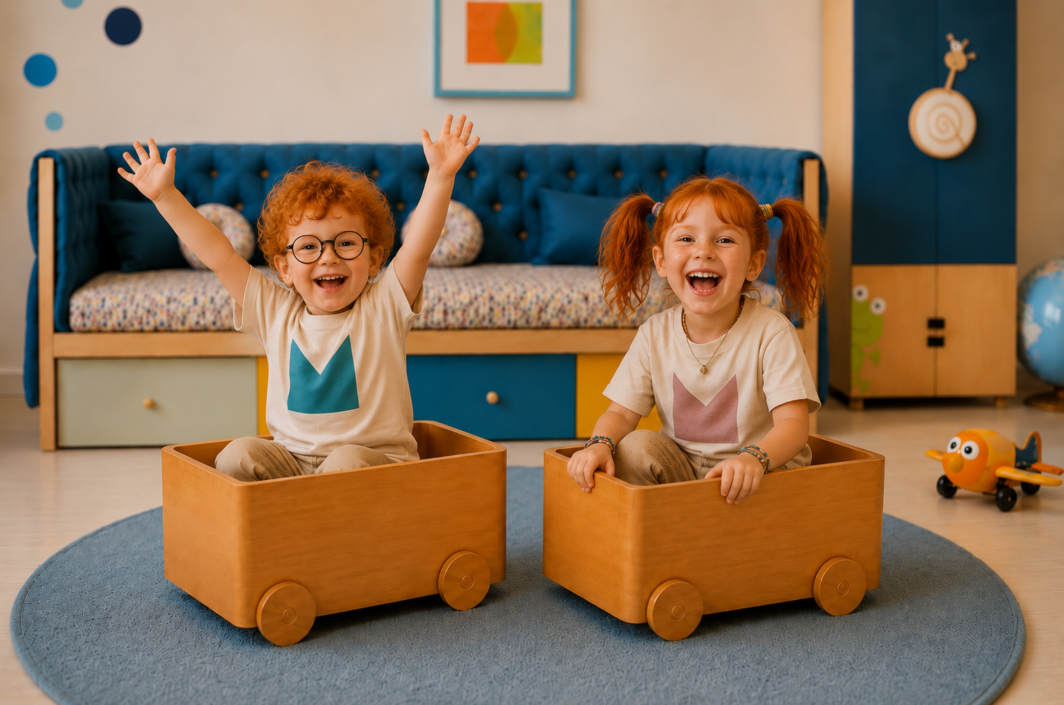 Children playing in wooden MAMA toy boxes on wheels in a colorful bedroom
