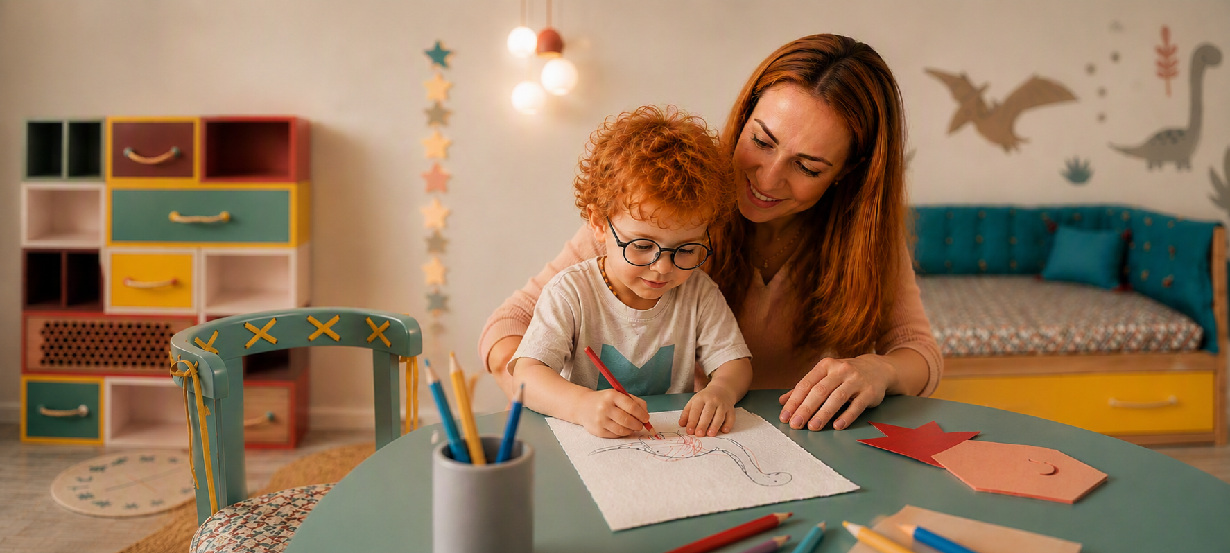 Mother and son drawing together at a colorful MAMA children's table