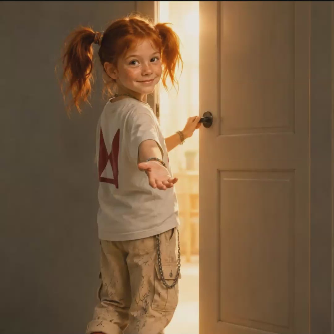 Behind the scenes video of a child opening a door in a MAMA-branded room